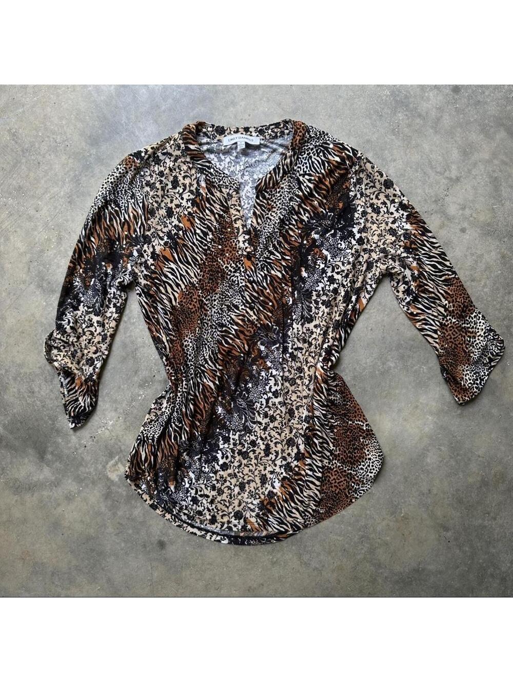 Emily Daniels brown, black, and beige animal print blouse with sequins